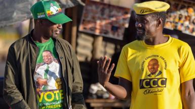 A supporter of the ruling party Zanu-PF (L) and a supporter of Citizens Coalition for Change (R) talk in their respective party regalia during the country's 2023 general election voter education campaign by a local civil society organisation on 9 August 2023 in Harare, Zimbabwe