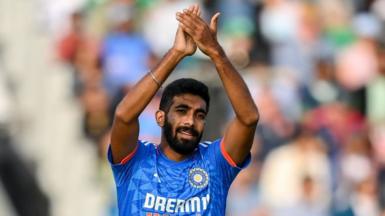 Dublin , Ireland - 20 August 2023; Jasprit Bumrah of India during match two of the Men's T20 International series between Ireland and India at Malahide Cricket Ground in Dublin.