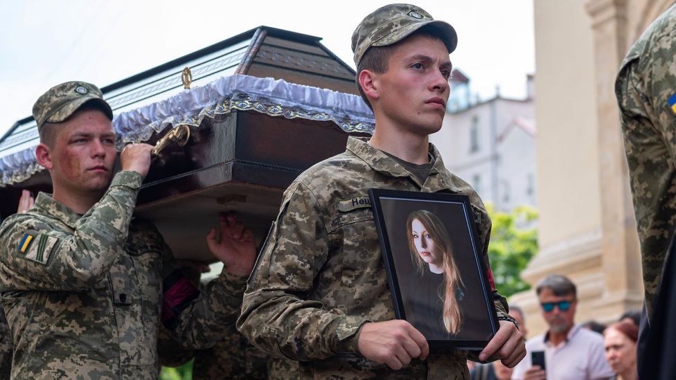 The funeral of award-winning novelist, poet and essayist Victoria Amelina in Lviv in July 2023 (Credit: Getty Images)