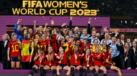 Spain's jubilant players celebrate winning the Fifa Women's World Cup after defeating England 1-0 in the final